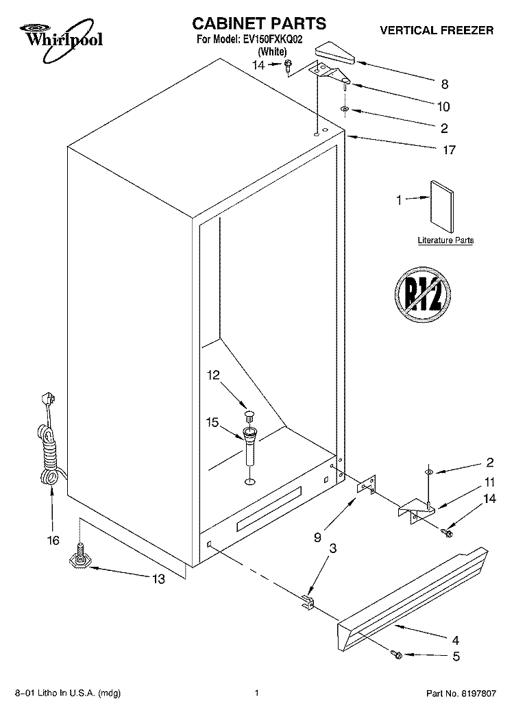 CABINET, LITERATURE Diagram and Parts List for EV150FXKQ02  Whirlpool Freezer