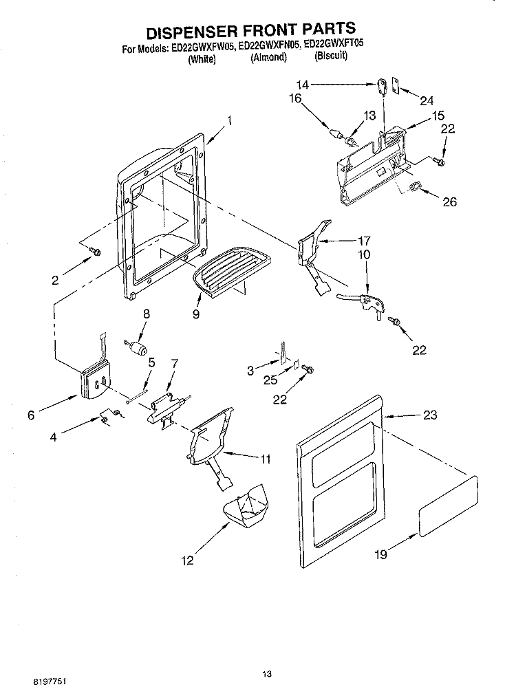 DISPENSER FRONT Diagram and Parts List for ED22GWXFT05  Whirlpool Refrigerator