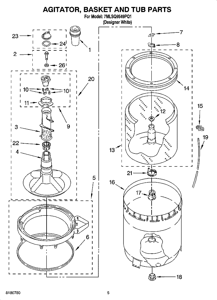 AGITATOR, BASKET AND TUB PARTS Diagram and Parts List for 7MLSQ9549PQ1  Whirlpool Washer