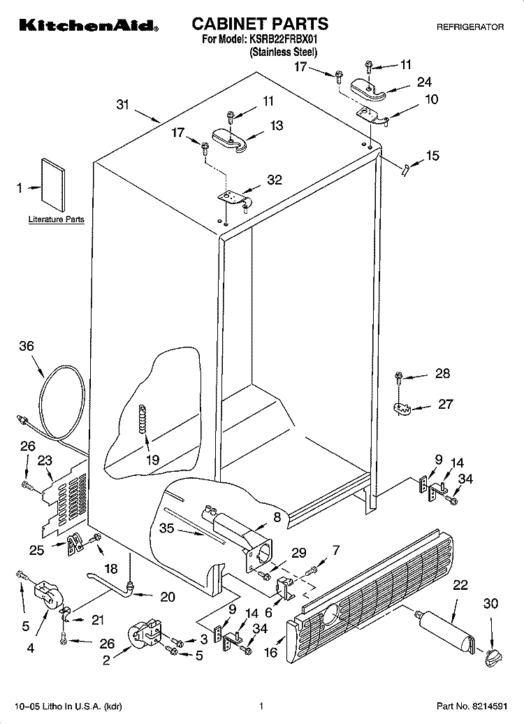 CABINET PARTS Diagram and Parts List for KSRB22FRBX01  KitchenAid Refrigerator