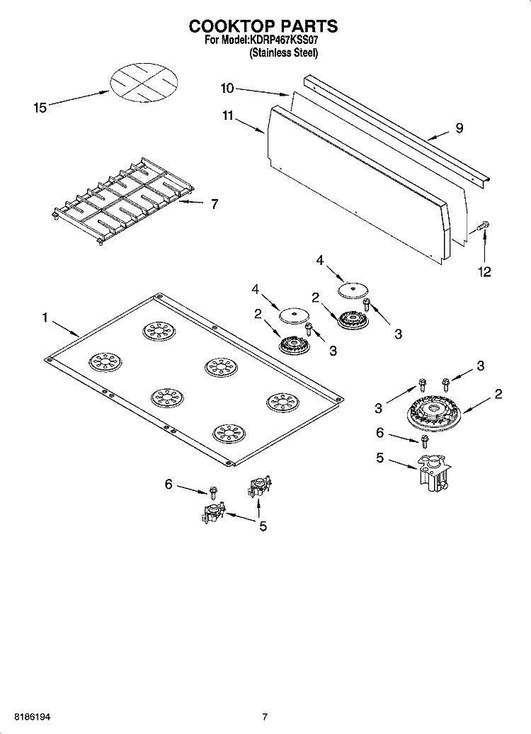 COOKTOP PARTS Diagram and Parts List for KDRP467KSS07  KitchenAid Range