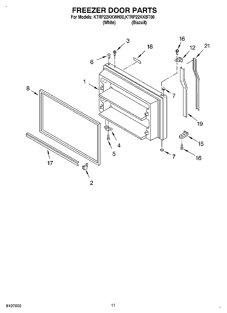 FREEZER DOOR, OPTIONAL Diagram and Parts List for KTRP22KKBT00  KitchenAid Refrigerator