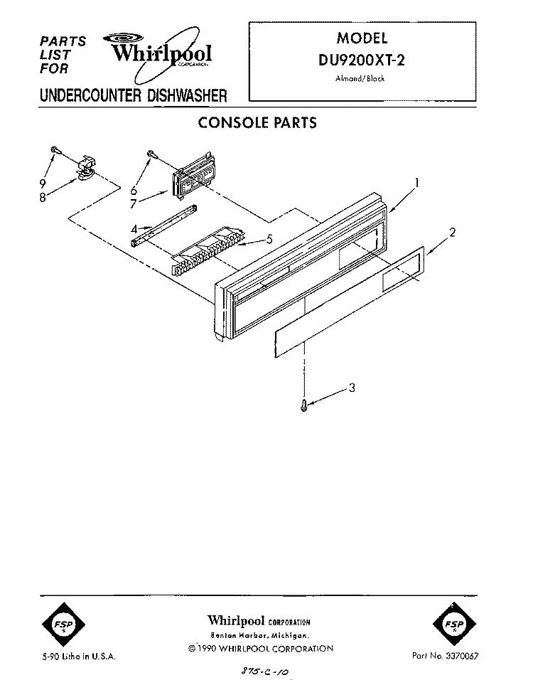 CONSOLE Diagram and Parts List for DU9200XT2  Whirlpool Dishwasher