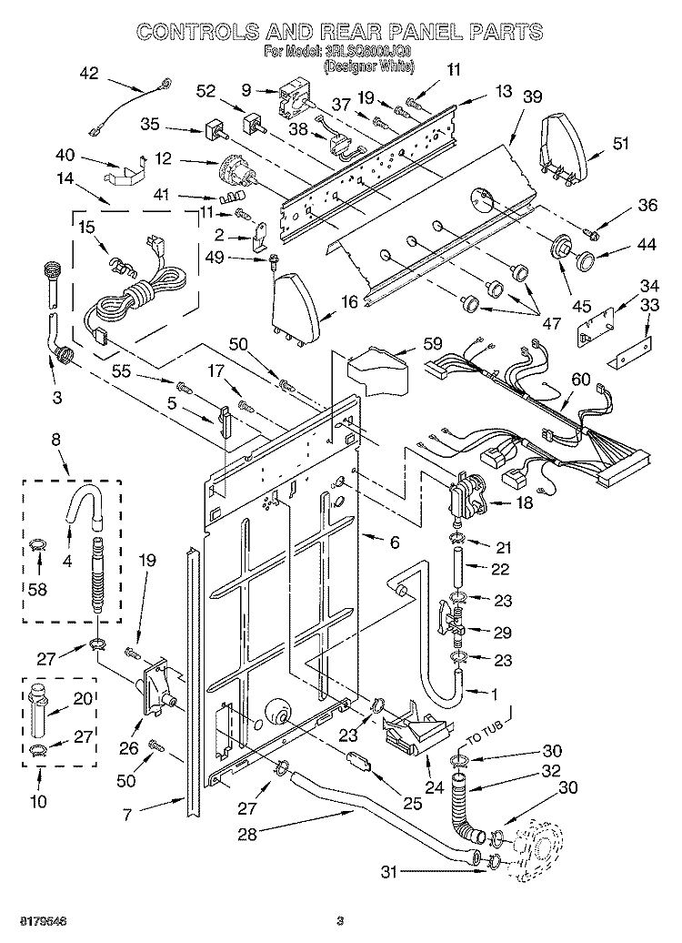 CONTROLS AND REAR PANEL Diagram and Parts List for 3RLSQ8000JQ0  Whirlpool Washer