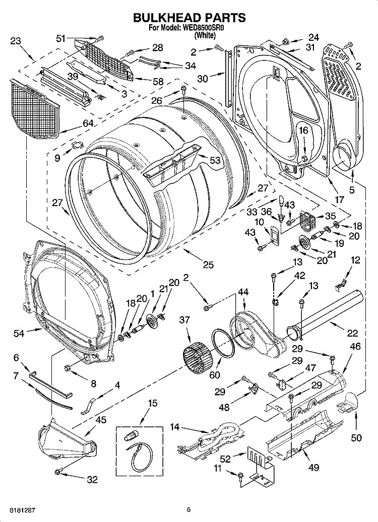 BULKHEAD PARTS Diagram and Parts List for WED8500SR0  Whirlpool Dryer