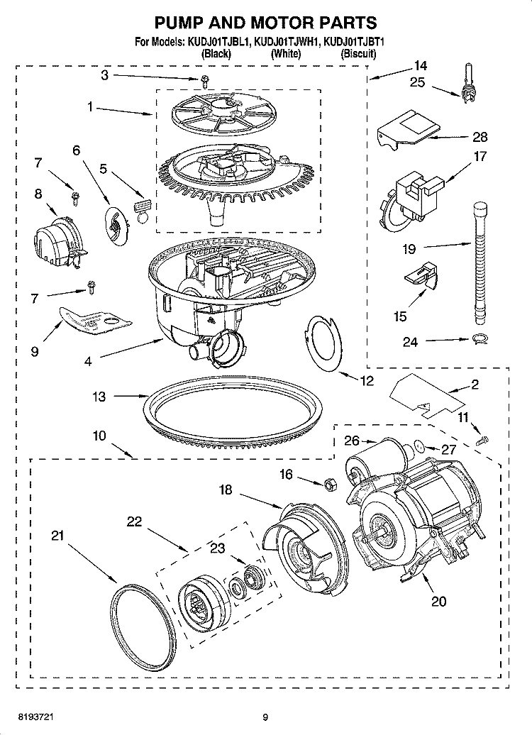 PUMP AND MOTOR PARTS Diagram and Parts List for KUDJ01TJBT1  KitchenAid Dishwasher