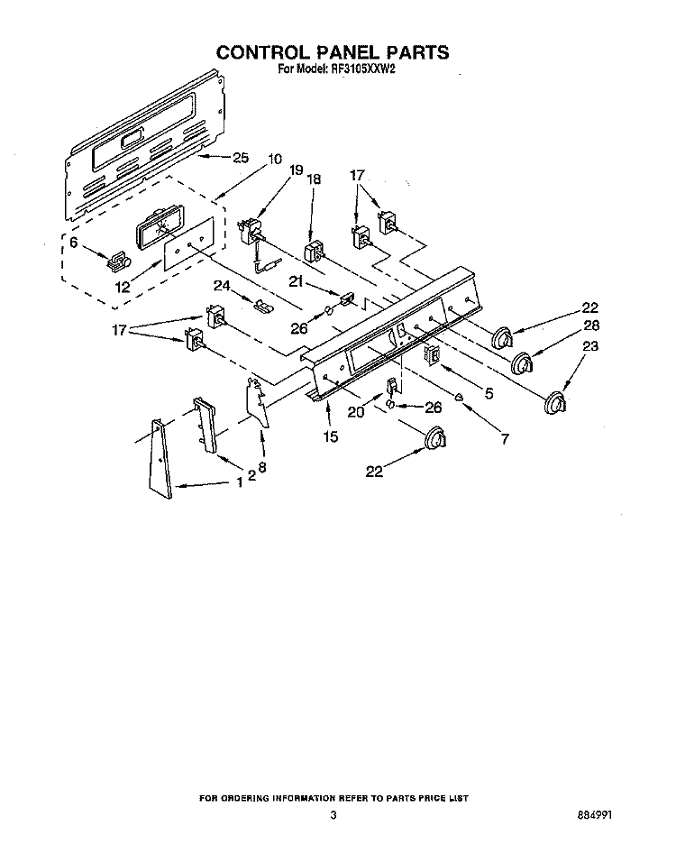 CONTROL PANEL Diagram and Parts List for RF3105XXW2  Whirlpool Range