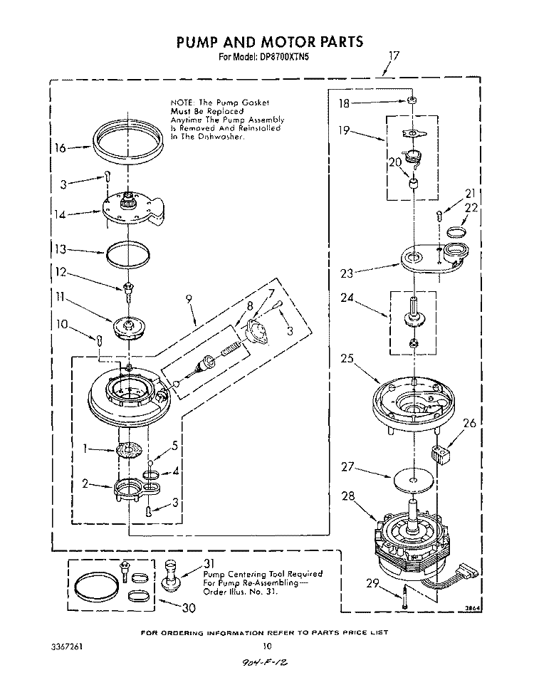 PUMP AND MOTOR Diagram and Parts List for DP8700XTN5  Whirlpool Dishwasher