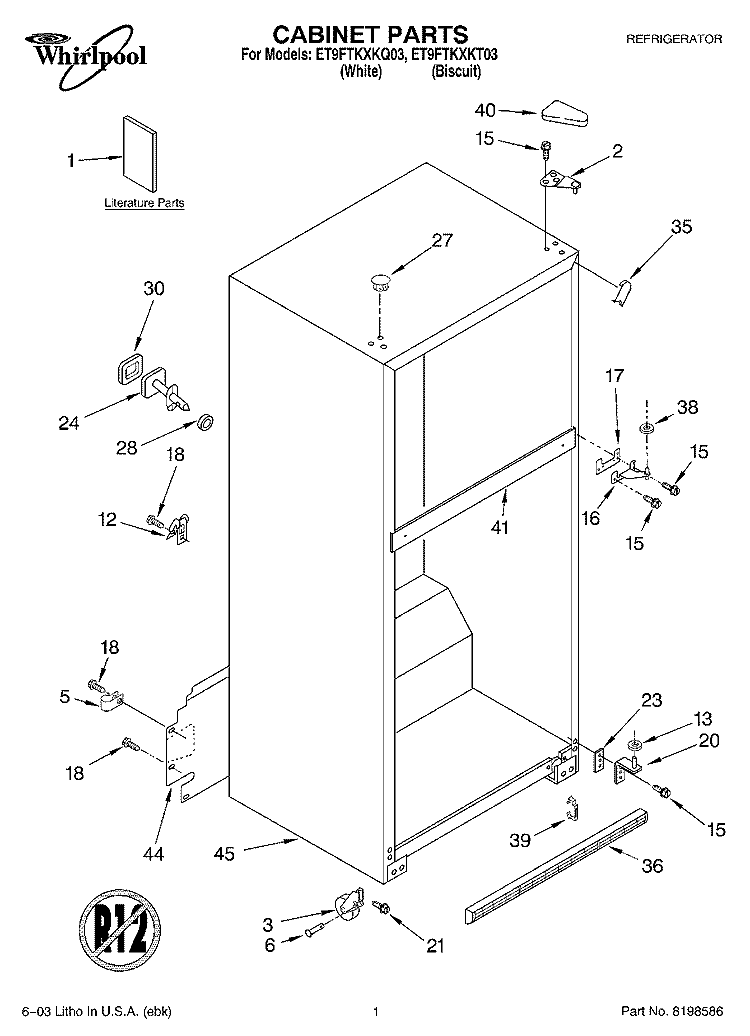 CABINET PARTS Diagram and Parts List for ET9FTKXKT03  Whirlpool Refrigerator