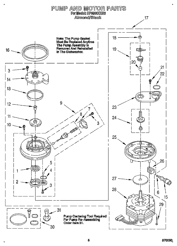 PUMP AND MOTOR Diagram and Parts List for DP8500XXN3  Whirlpool Dishwasher