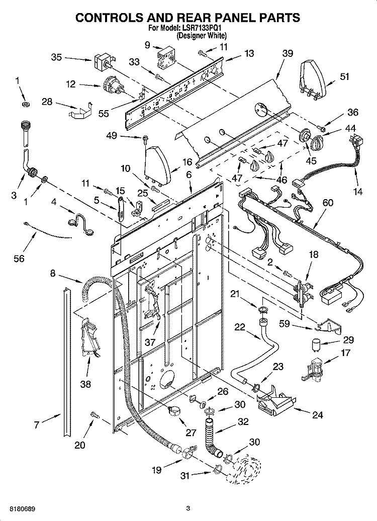 CONTROLS AND REAR PANEL PARTS Diagram and Parts List for LSR7133PQ1  Whirlpool Washer