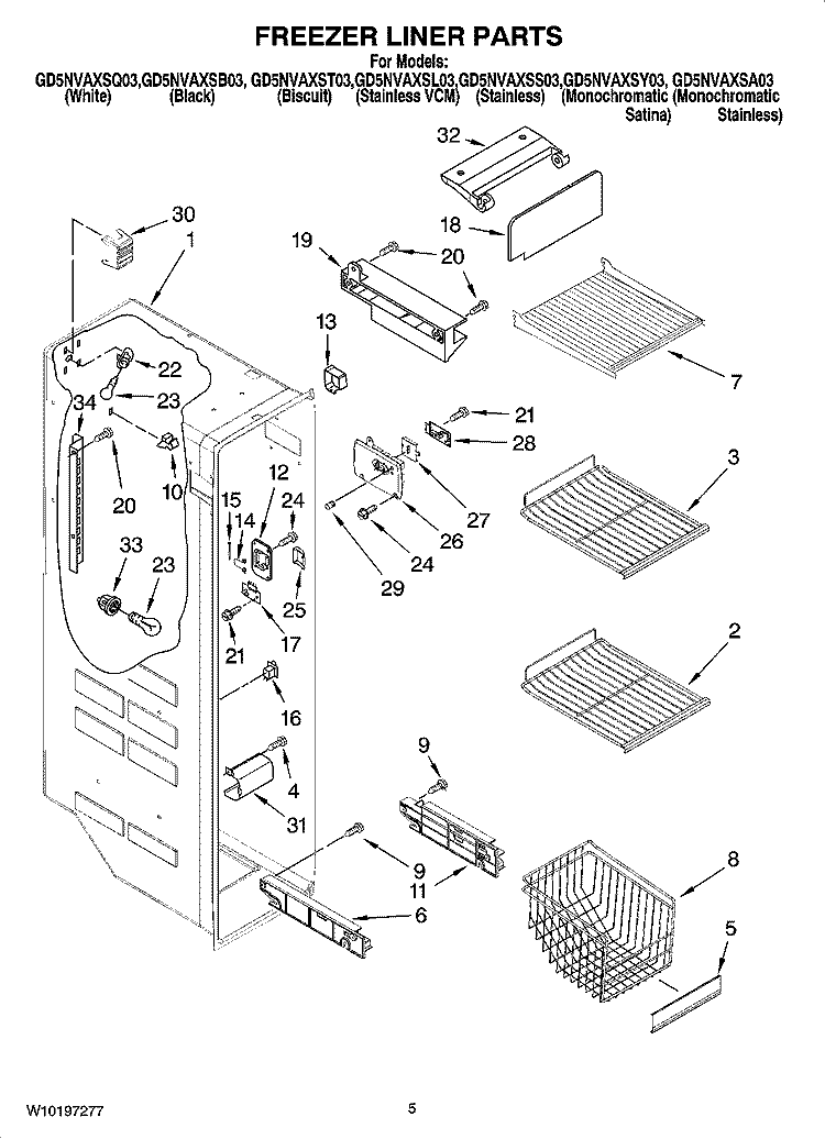 FREEZER LINER PARTS Diagram and Parts List for GD5NVAXSB03  Whirlpool Refrigerator