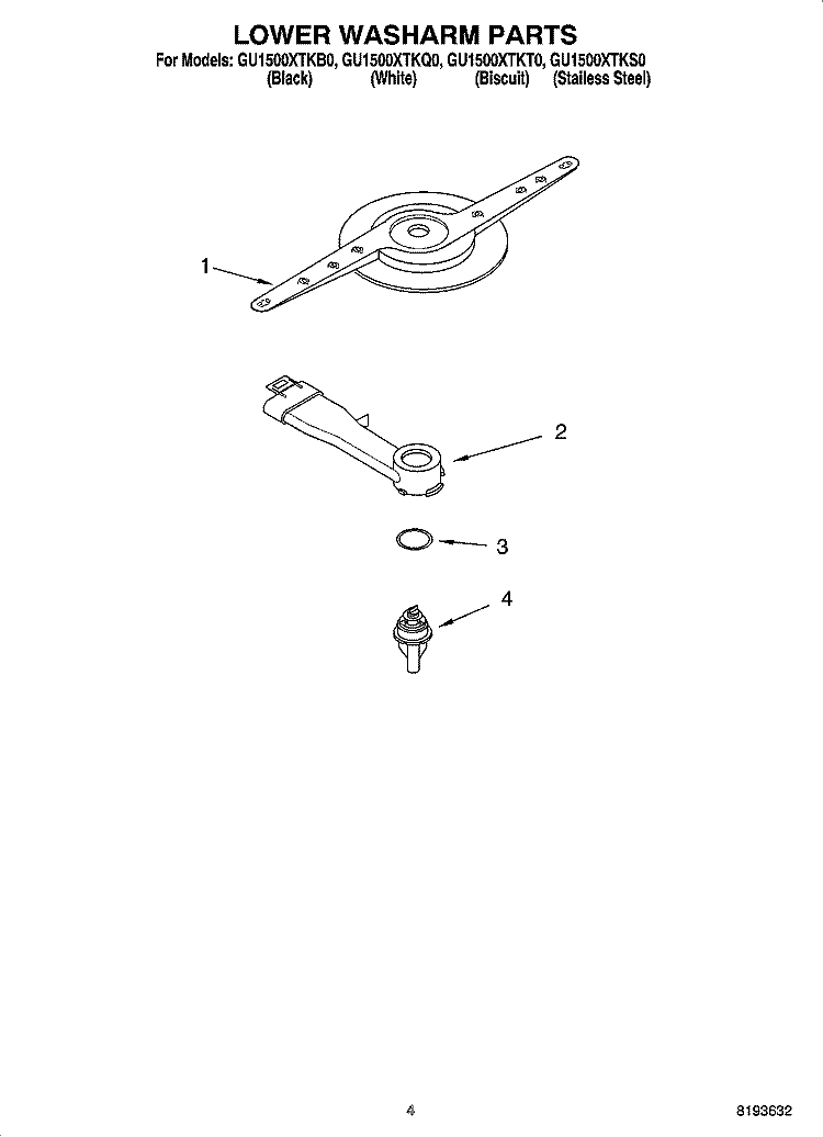 LOWER WASHARM PARTS Diagram and Parts List for GU1500XTKQ0  Whirlpool Dishwasher