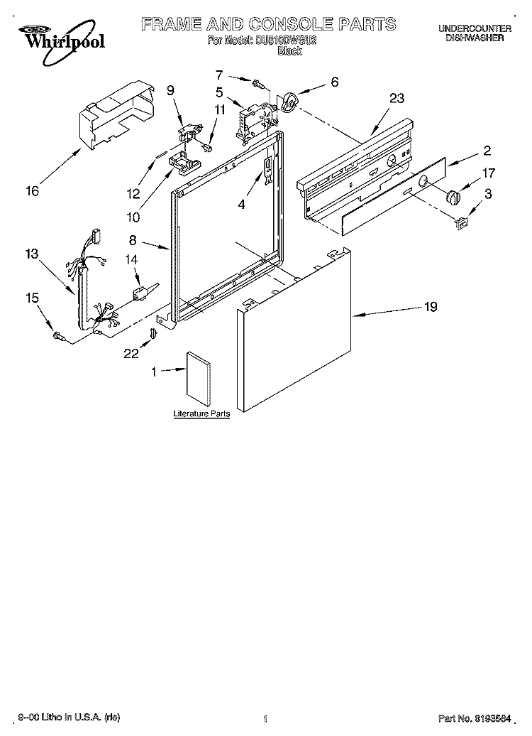 FRAME & CONSOLE, LITERATURE Diagram and Parts List for DU810DWGU2  Whirlpool Dishwasher