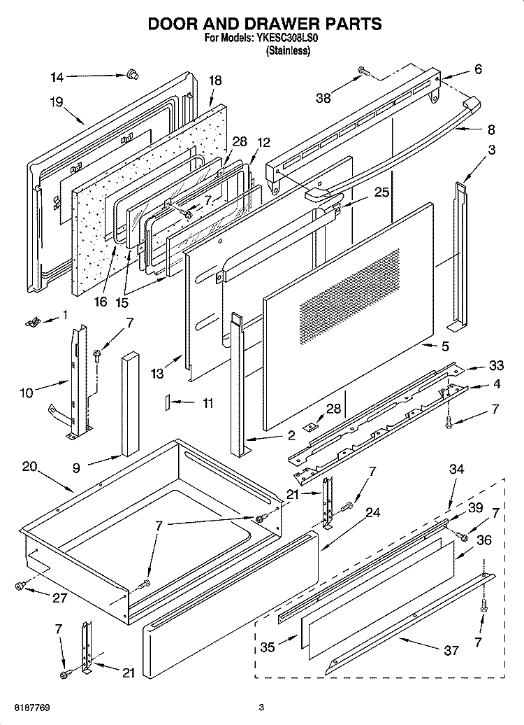 DOOR AND DRAWER PARTS Diagram and Parts List for YKESC308LS0  KitchenAid Range