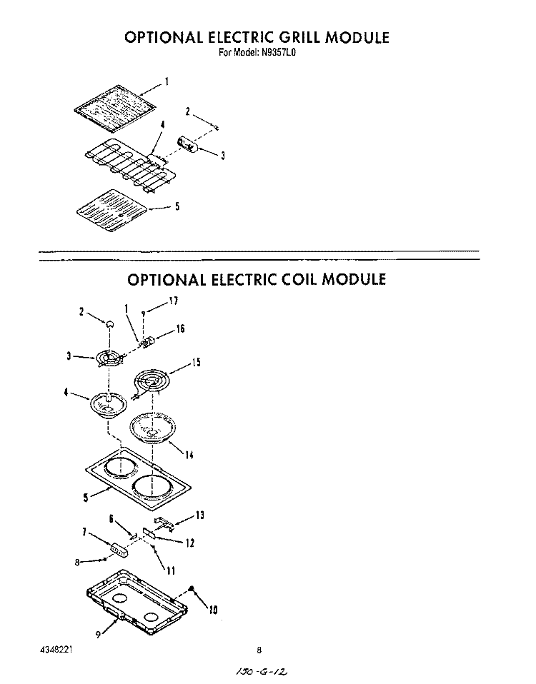 ELECTRIC GRILL , ELECTRIC COIL Diagram and Parts List for N9357L0  Roper Range
