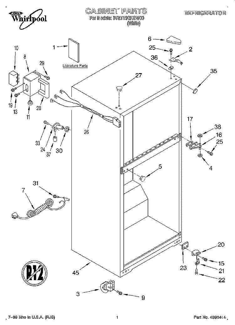 CABINET, LITERATURE Diagram and Parts List for 3VET18GKGW00  Whirlpool Refrigerator