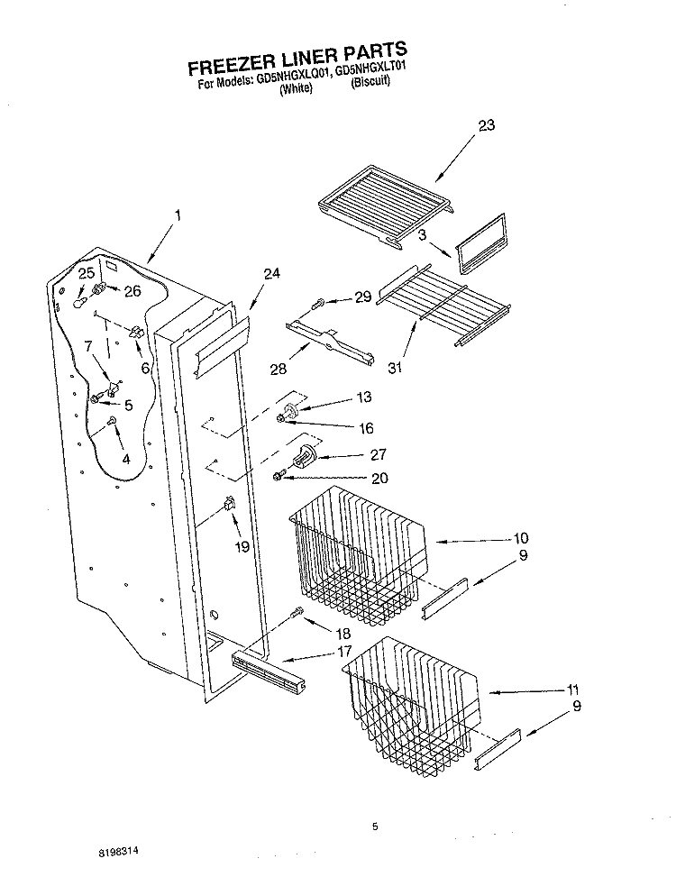 FREEZER LINER Diagram and Parts List for GD5NHGXLQ01  Whirlpool Refrigerator