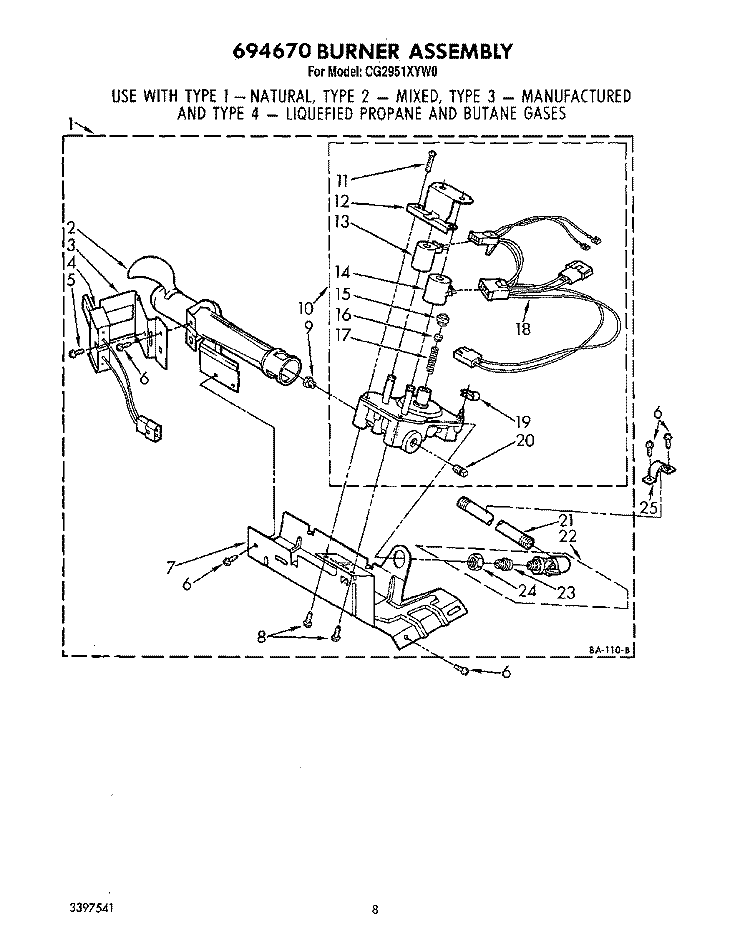 694670 BURNER Diagram and Parts List for CG2951XYN0  Whirlpool Dryer