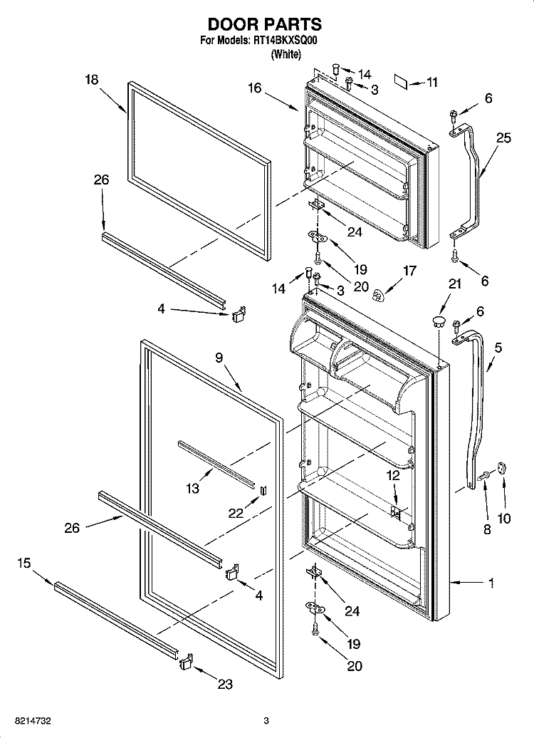 DOOR PARTS Diagram and Parts List for RT14BKXSQ00  Roper Refrigerator