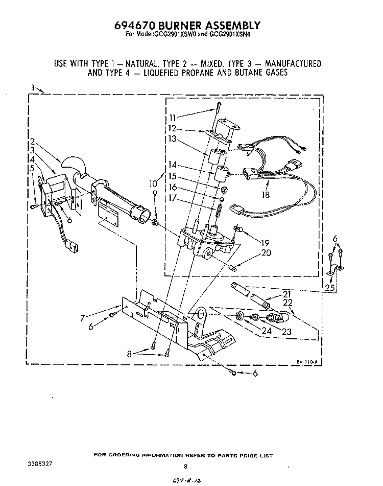694670 BURNER Diagram and Parts List for GCG2901XSN0  Whirlpool Dryer