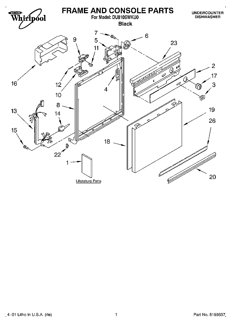 FRAME AND CONSOLE, LITERATURE Diagram and Parts List for DU810SWKU0  Whirlpool Dishwasher