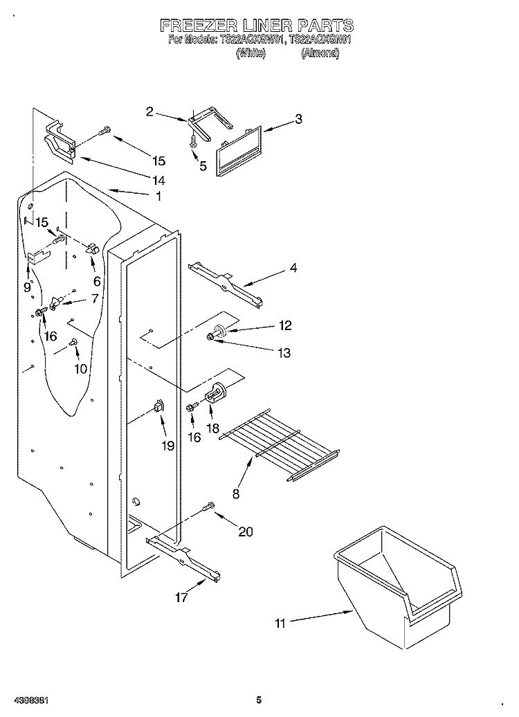 FREEZER LINER Diagram and Parts List for TS22AQXGN01  Whirlpool Refrigerator