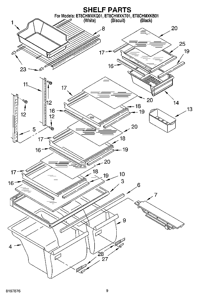 SHELF Diagram and Parts List for ET8CHMXKQ01  Whirlpool Refrigerator