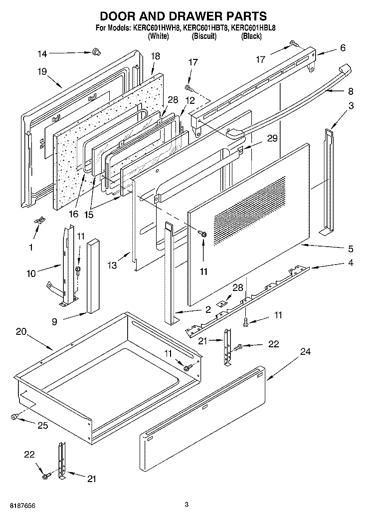 DOOR AND DRAWER Diagram and Parts List for KERC601HBL8  KitchenAid Range