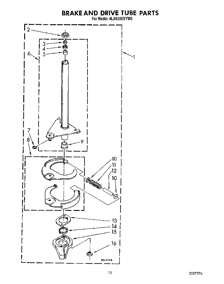 BRAKE AND DRIVE TUBE Diagram and Parts List for 4LA9300XYW0  Whirlpool Washer