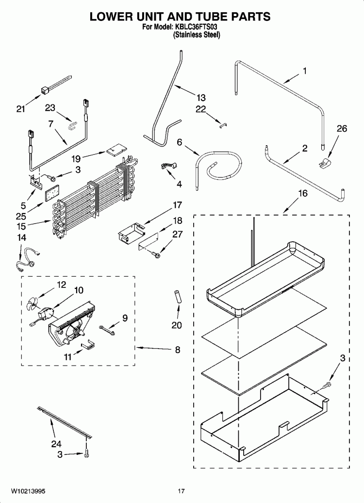 LOWER UNIT AND TUBE PARTS Diagram and Parts List for KBLC36FTS03  KitchenAid Refrigerator