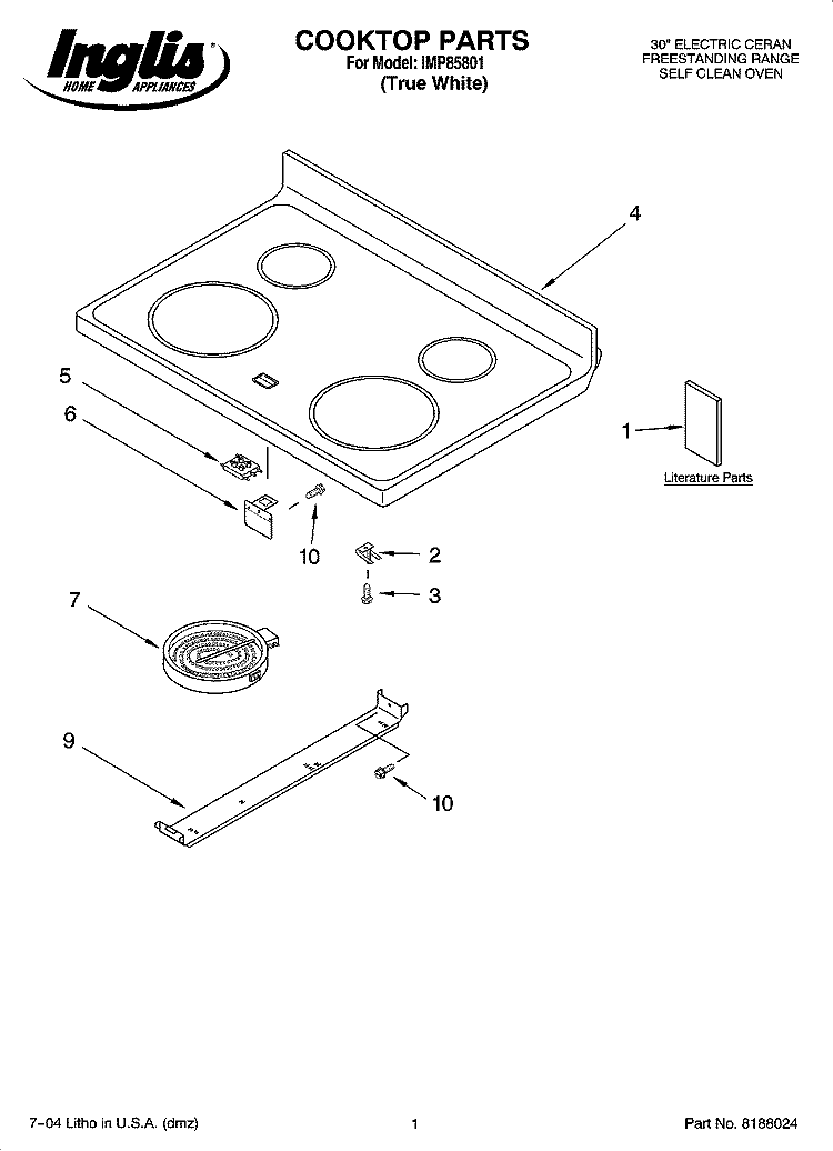 COOKTOP PARTS Diagram and Parts List for IMP85801  Inglis Range
