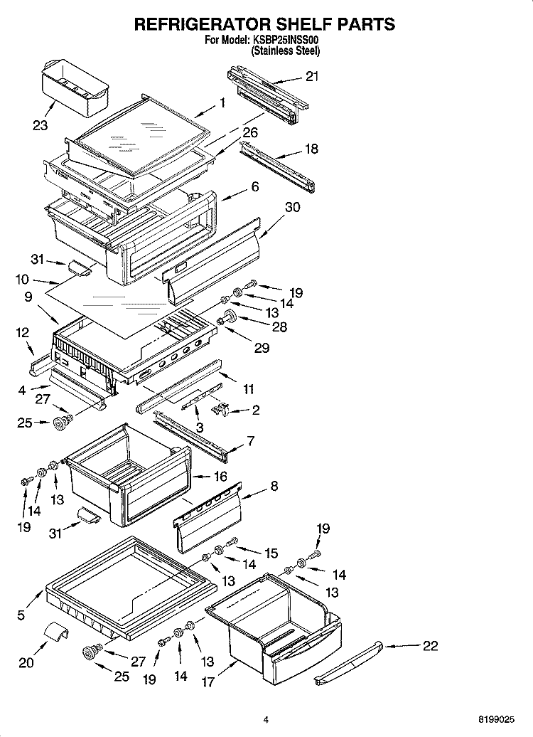 REFRIGERATOR SHELF PARTS Diagram and Parts List for KSBP25INSS00  KitchenAid Refrigerator