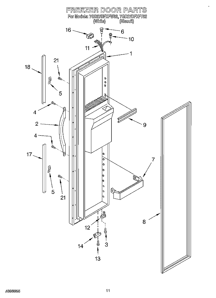 FREEZER DOOR Diagram and Parts List for 7GD27DFXFT02  Whirlpool Refrigerator