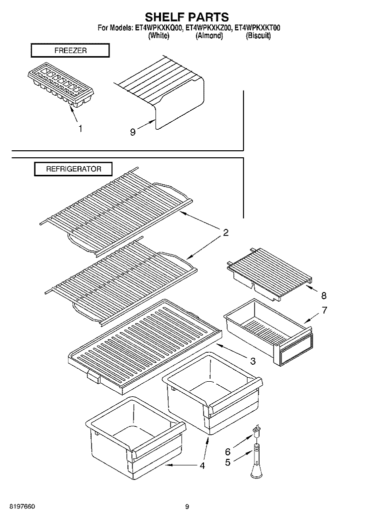 SHELF, OPTIONAL Diagram and Parts List for ET4WPKXKQ00  Whirlpool Refrigerator