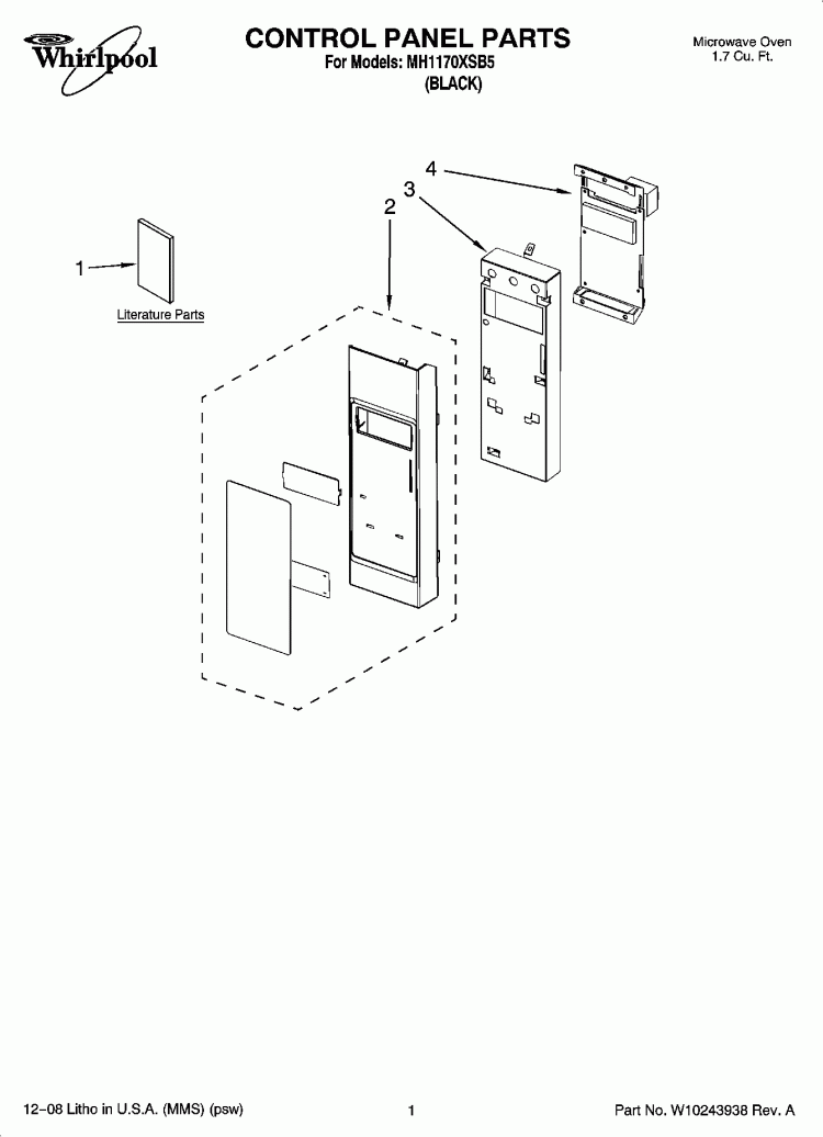 CONTROL PANEL PARTS Diagram and Parts List for MH1170XSB5  Whirlpool Microwave