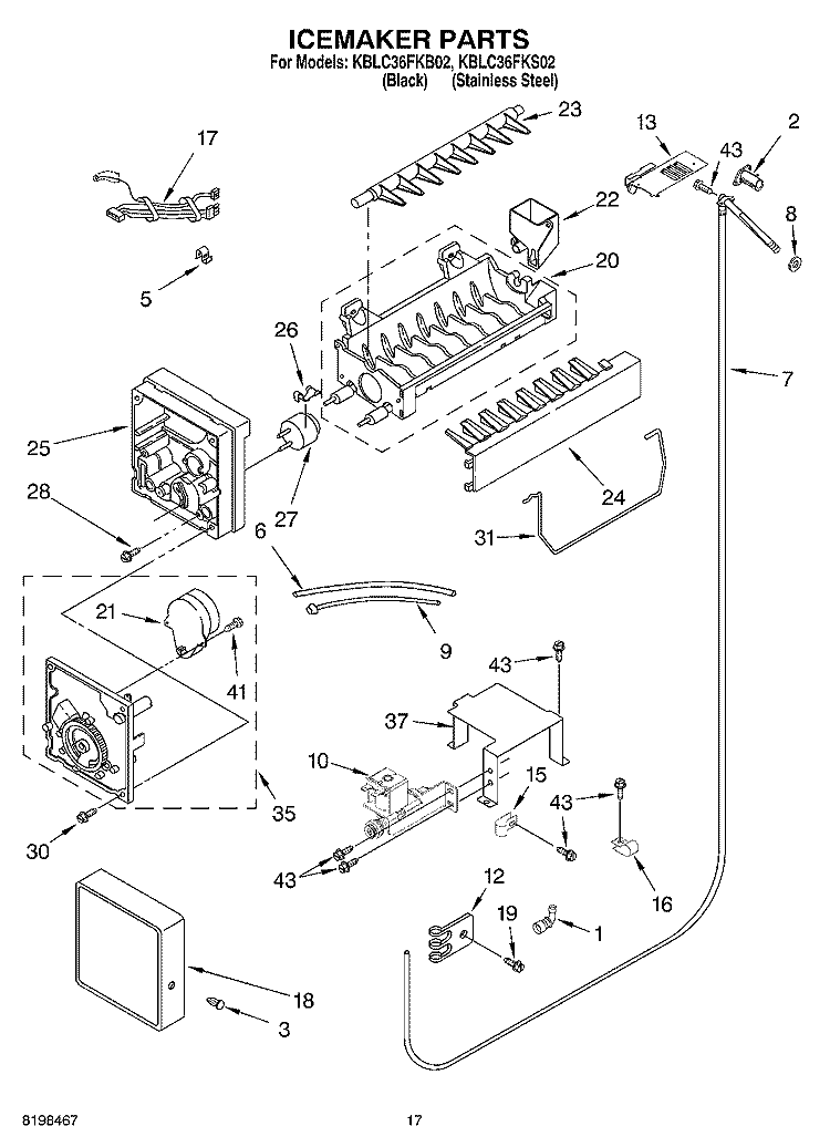 ICEMAKER PARTS Diagram and Parts List for KBLC36FKB02  KitchenAid Refrigerator