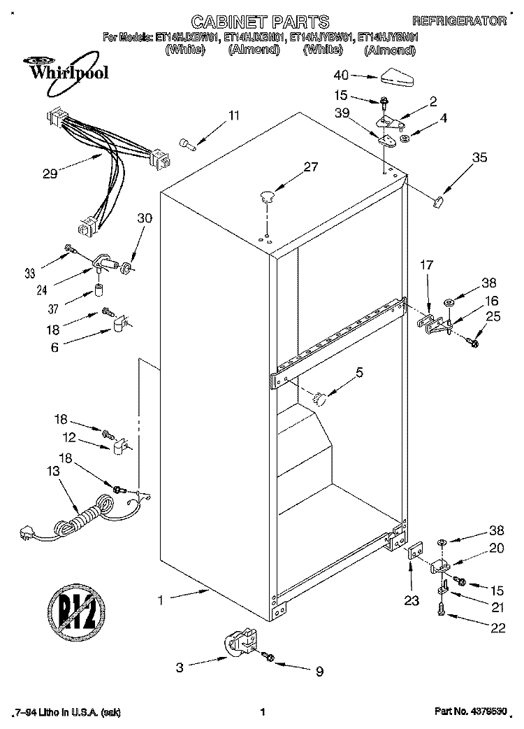 CABINET Diagram and Parts List for ET14HJXBW01  Whirlpool Refrigerator