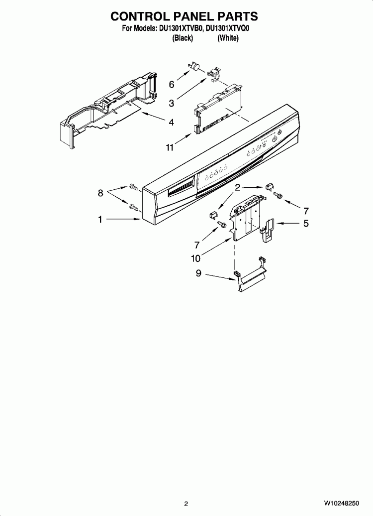 CONTROL PANEL PARTS Diagram and Parts List for DU1301XTVB0  Whirlpool Dishwasher