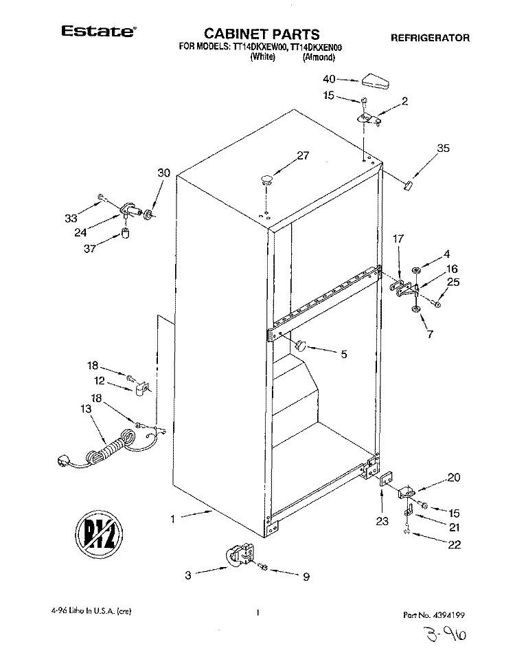 CABINET Diagram and Parts List for TT14DKXEN00  Estate Refrigerator