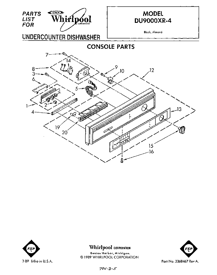 CONSOLE Diagram and Parts List for DU9000XR4  Whirlpool Dishwasher