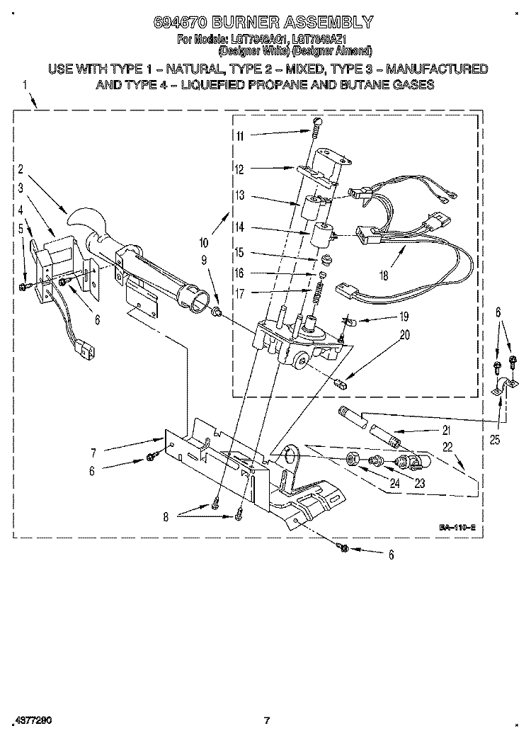 694670 BURNER ASSEMBLY Diagram and Parts List for LGT7848AZ1  Whirlpool Dryer