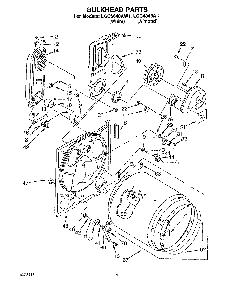 BULKHEAD Diagram and Parts List for LGC6848AW1  Whirlpool Dryer