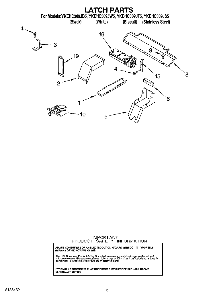 LATCH PARTS Diagram and Parts List for YKEHC309JB5  KitchenAid Microwave Oven Combo
