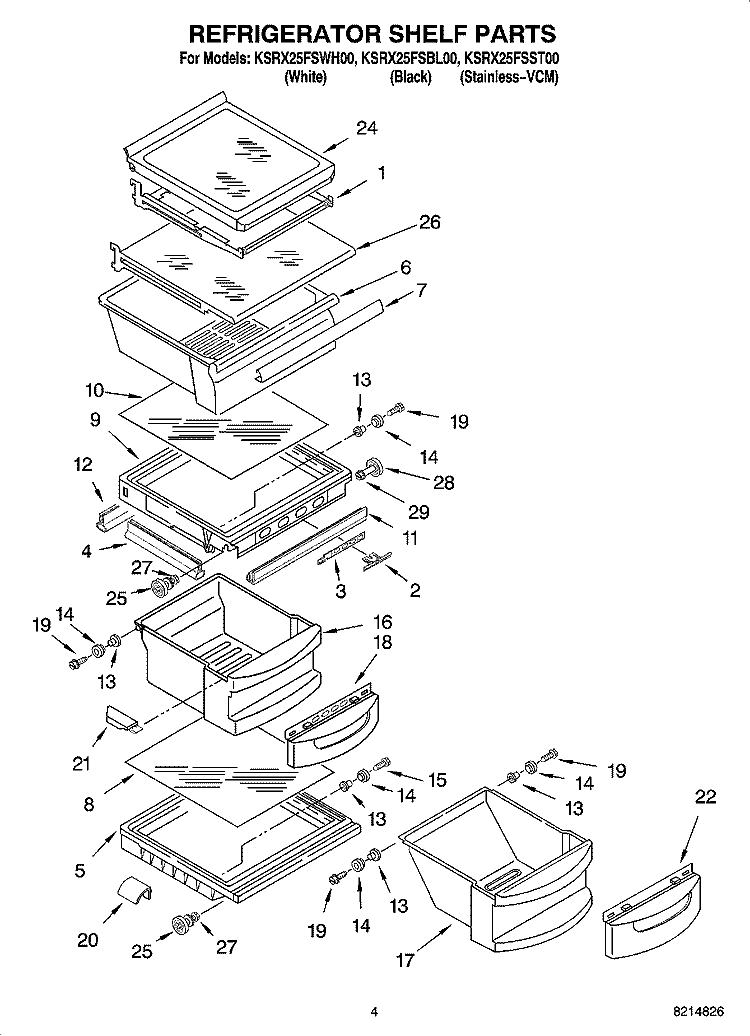 REFRIGERATOR SHELF PARTS Diagram and Parts List for KSRX25FSST00  KitchenAid Refrigerator