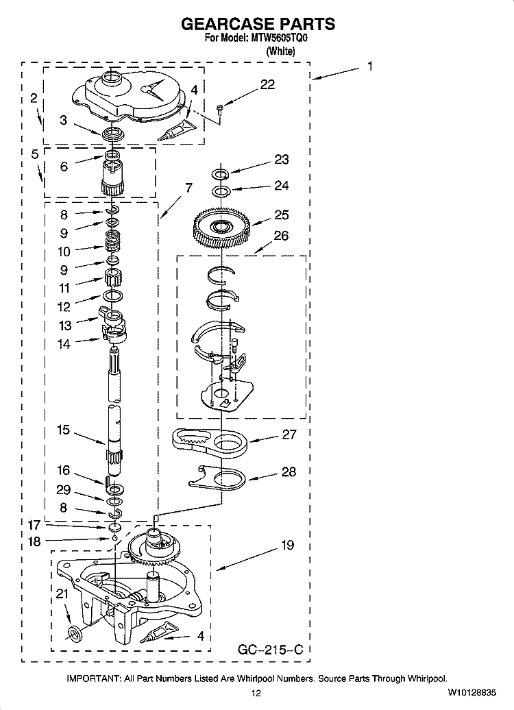 GEARCASE PARTS, OPTIONAL PARTS (NOT INCLUDED) Diagram and Parts List for MTW5605TQ0  Whirlpool Washer