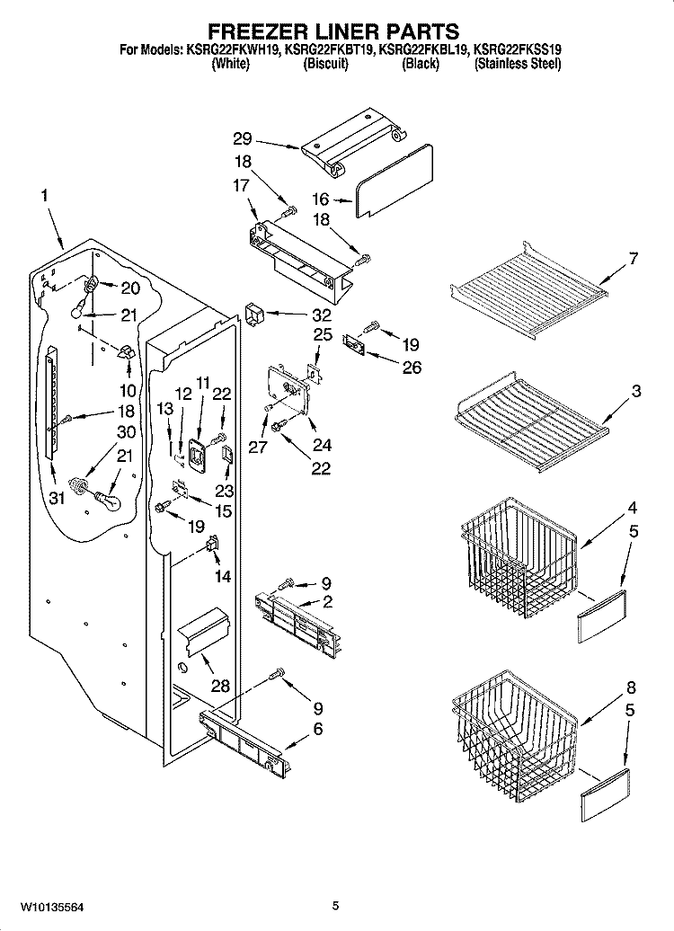 FREEZER LINER PARTS Diagram and Parts List for KSRG22FKWH19  KitchenAid Refrigerator