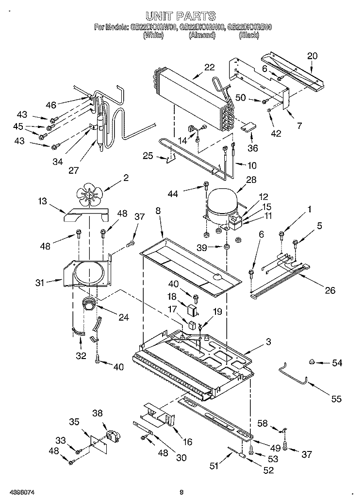 UNIT Diagram and Parts List for GB22DKXGN00  Whirlpool Refrigerator