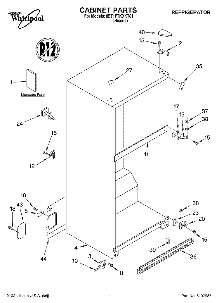CABINET, LITERATURE Diagram and Parts List for 8ET1FTKXKT01  Whirlpool Refrigerator