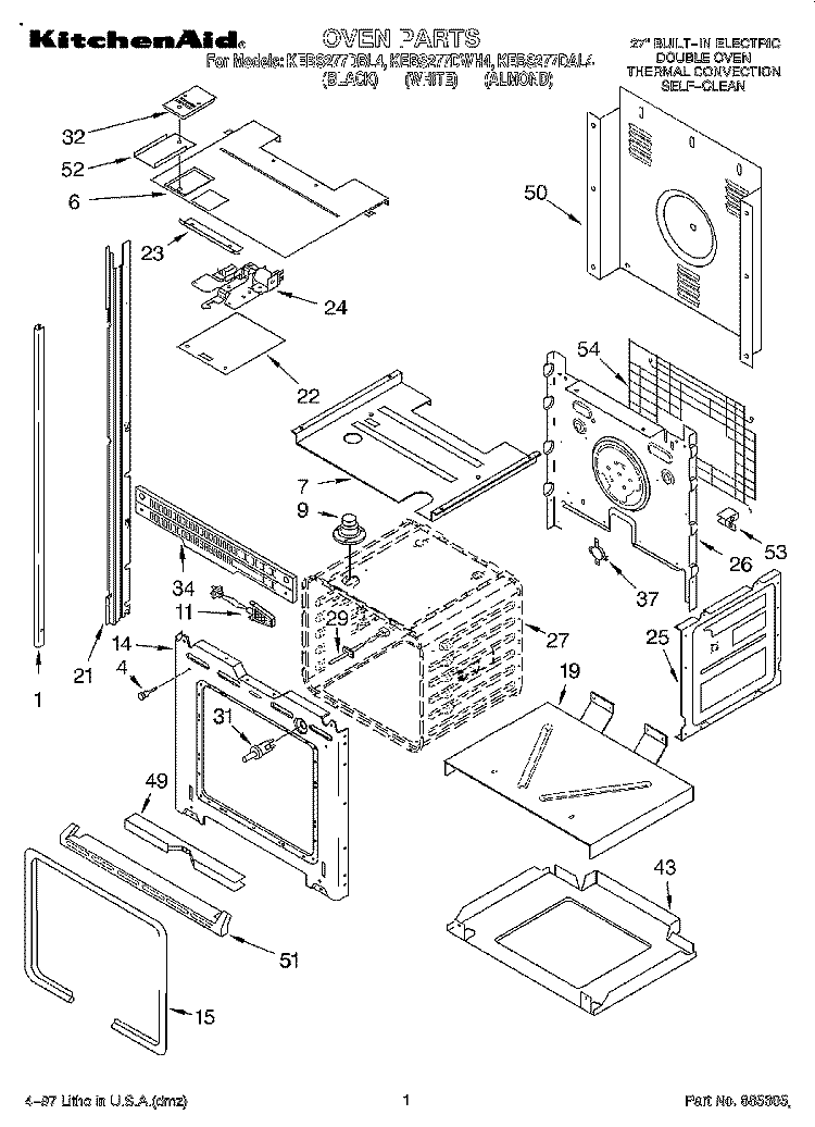 OVEN Diagram and Parts List for KEBS277DAL4  KitchenAid Wall Oven